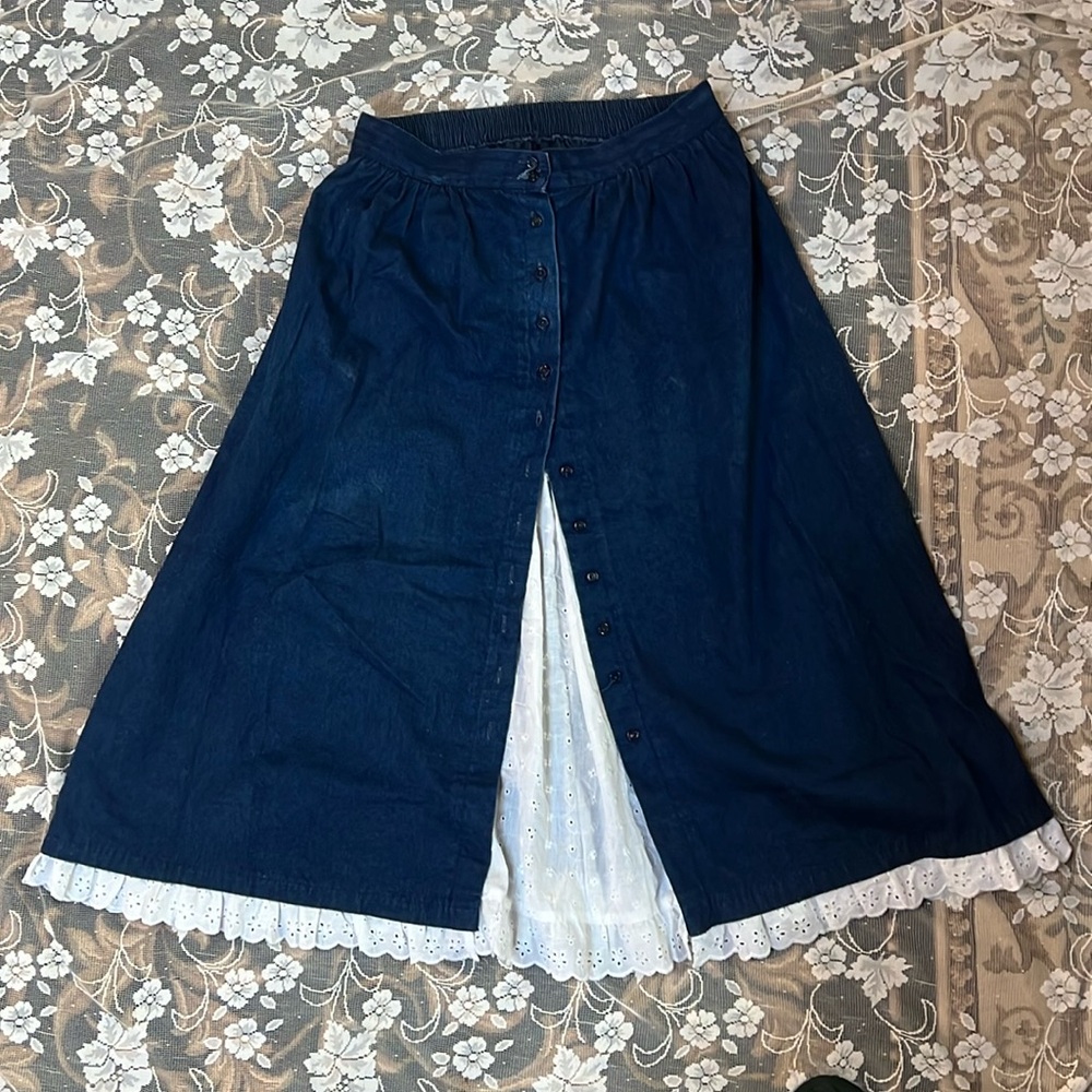 HANDMADE COTTON DENIM EYELET PEEK A BOO LONG MAXI BUTTON UP SKIRT